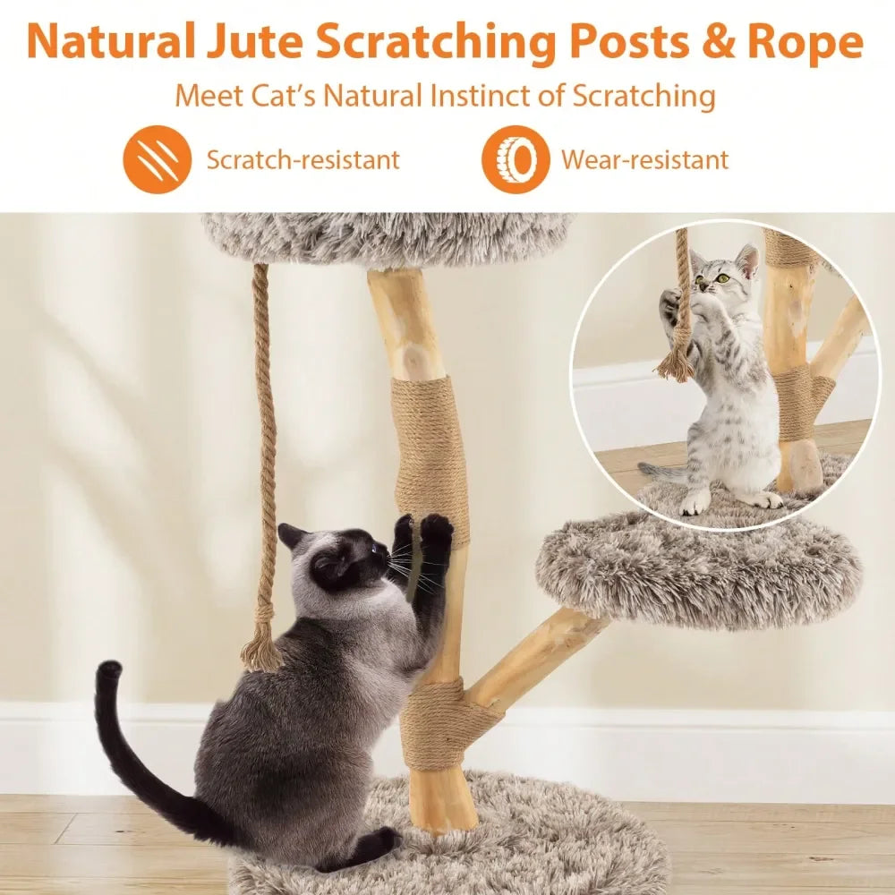 Cat Tree Three Tier Wood Cat Tower With Teasing Rope