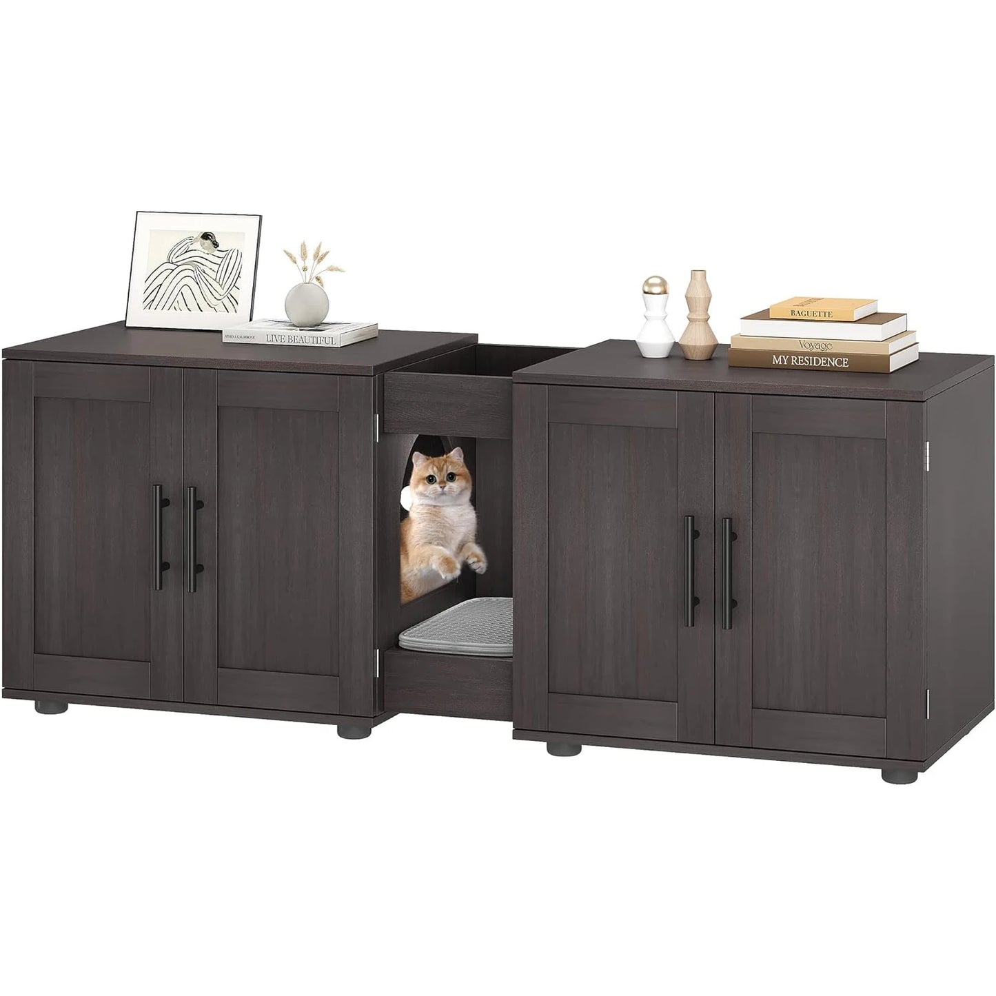 Wooden Cat Litter Box Cabinet With Door And Scratching Pad