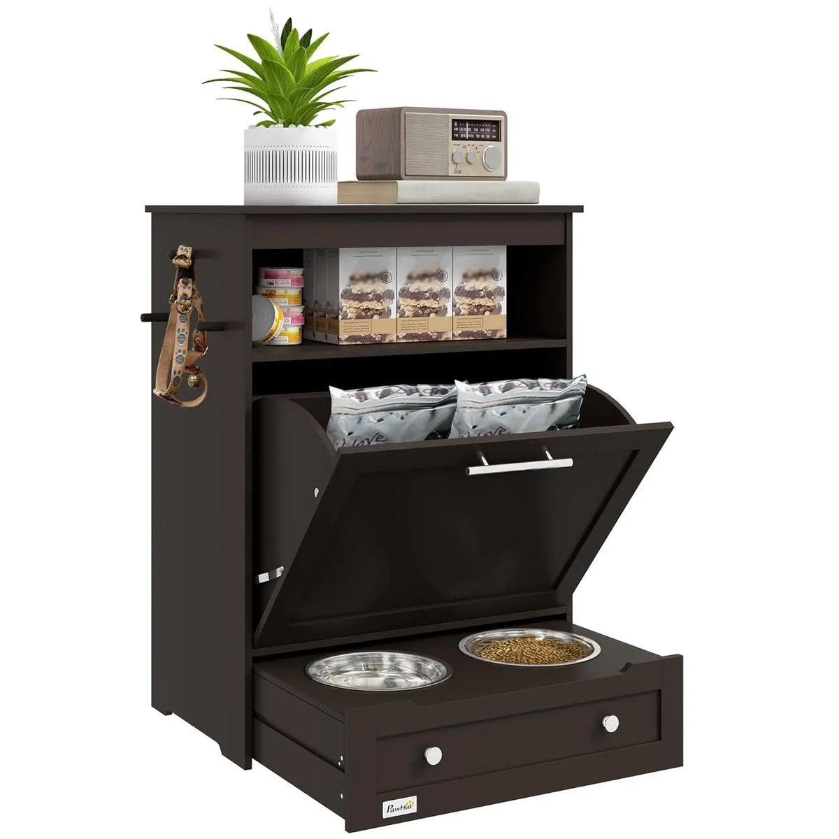 Dog Feeding Station With Raised Bowls And Storage Cabinet