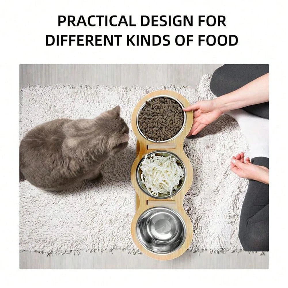 PETRAVEL Cat Feeder With 3 Tilted Raised Stainless Bowls