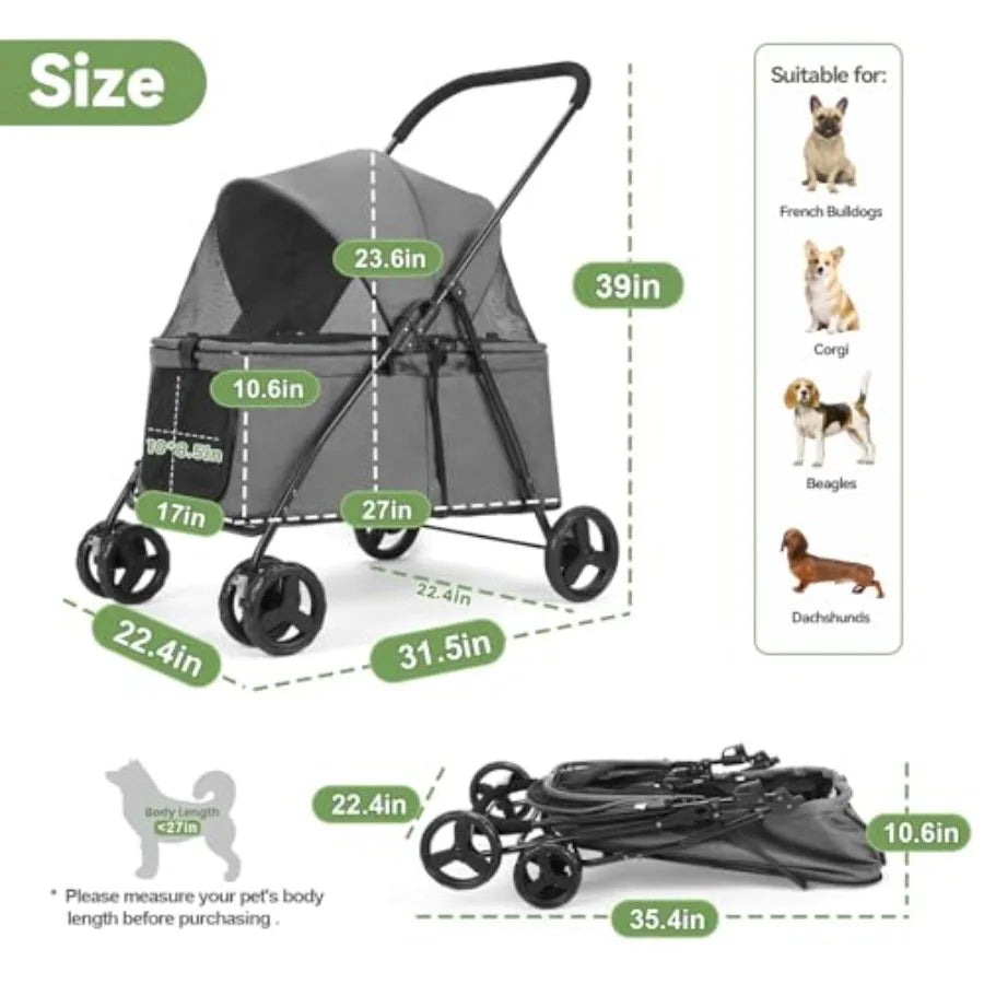 Dog Stroller For Medium Small Pets With Poop Bag Dispenser