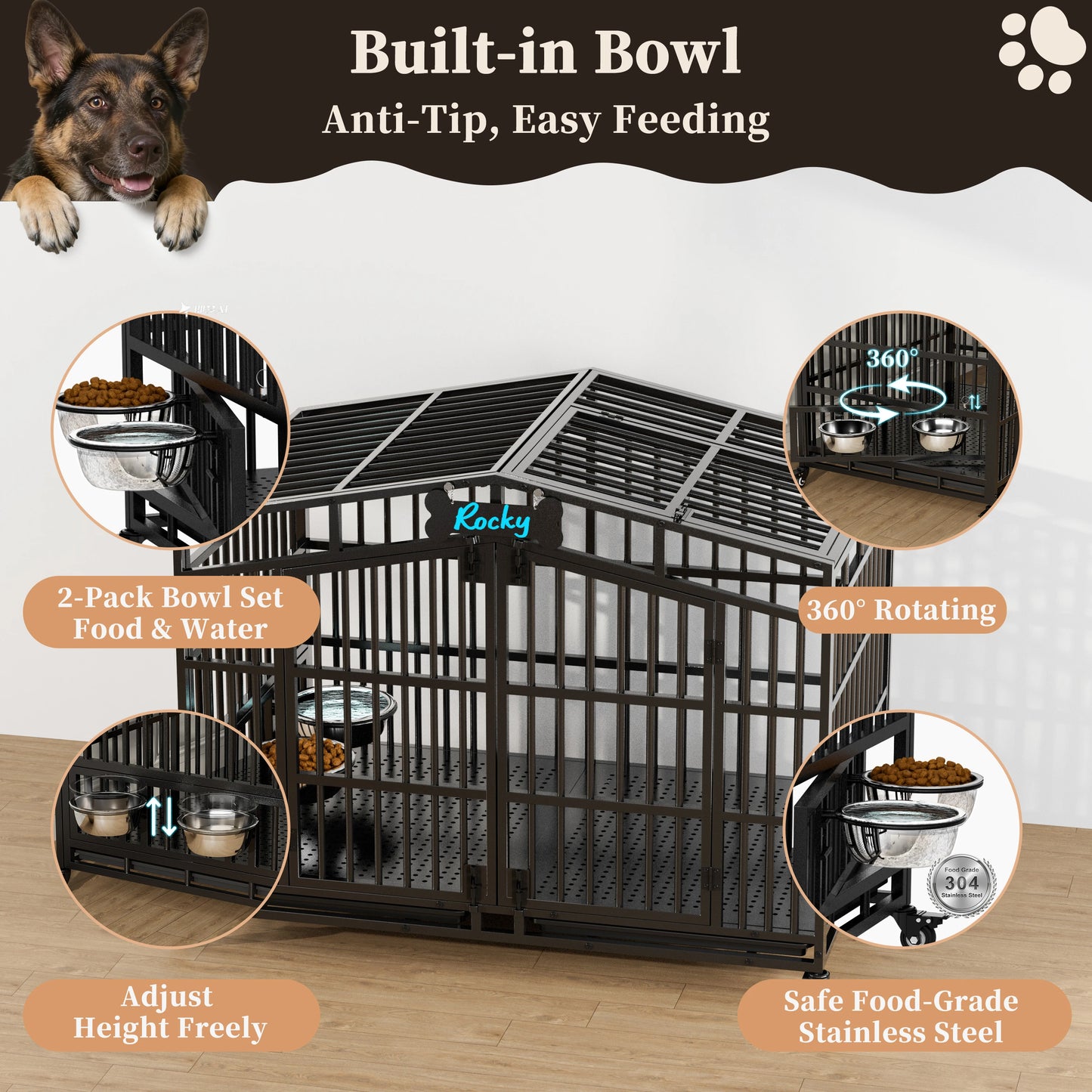 Heavy Duty Dog Crate With Lockable Wheels And Bowls