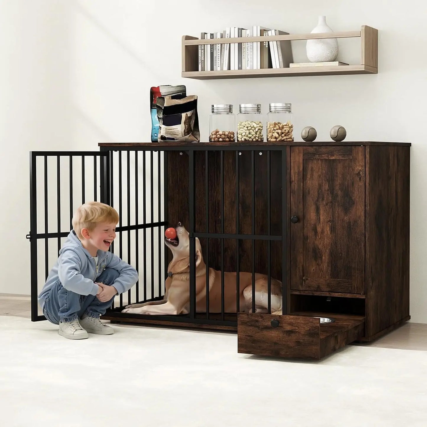 PETSITE Wooden Dog Crate Furniture Kennel With Hidden Bowls