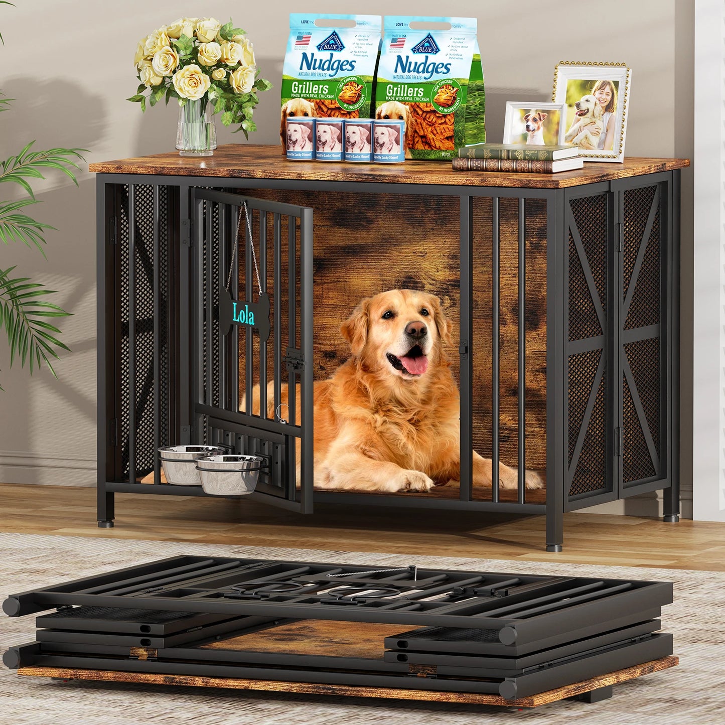 Foldable Wooden Dog Crate Furniture With Dog Tag And Bowls