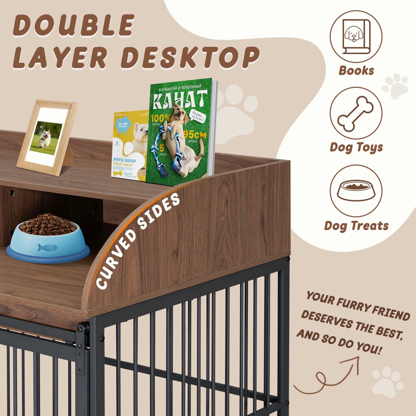 LD Heavy Duty Dog Crate End Table With Double Layer Storage Lockable Wheels