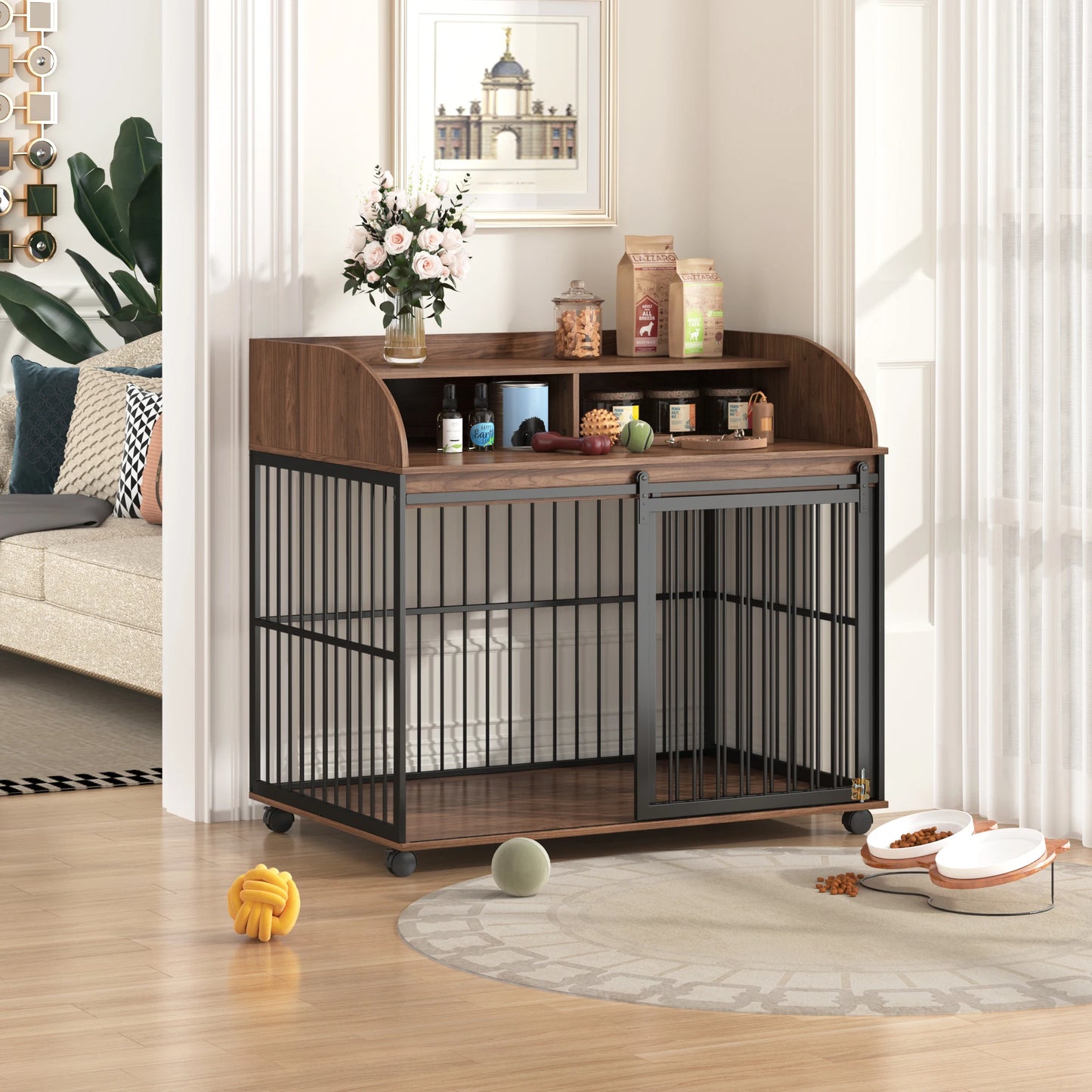 LD Heavy Duty Dog Crate End Table With Double Layer Storage Lockable Wheels