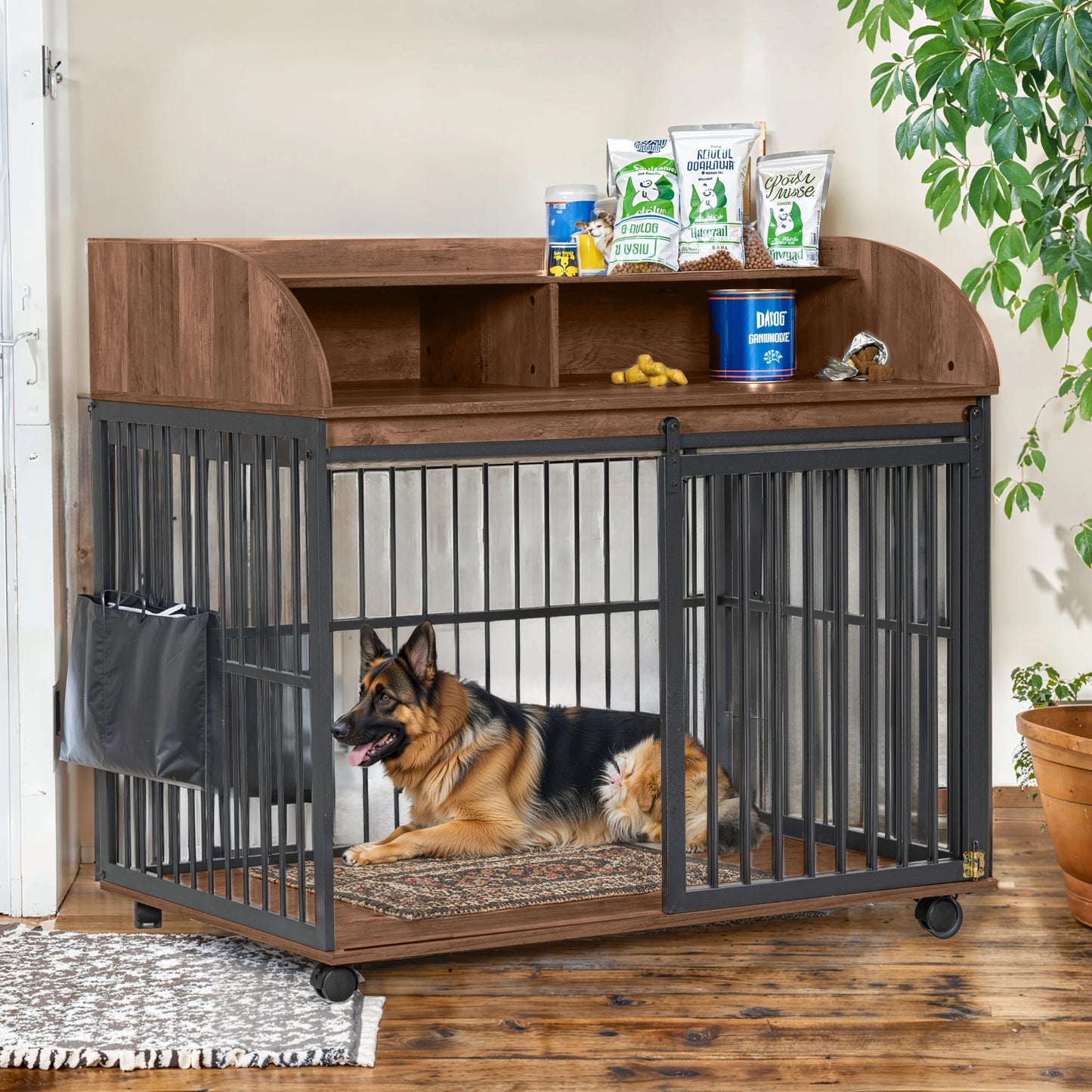LD Heavy Duty Dog Crate End Table With Double Layer Storage Lockable Wheels