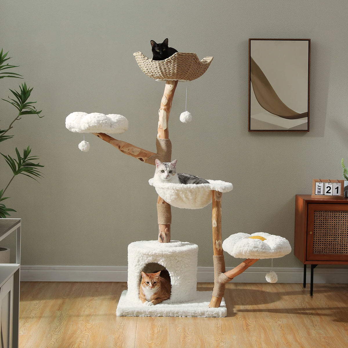 PEQULTI Solid Wood Cat Tree Tower With Condo And Perches
