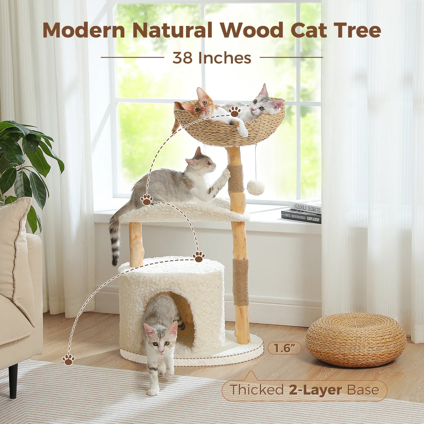 PEQULTI Solid Wood Cat Tree Tower With Condo And Perches