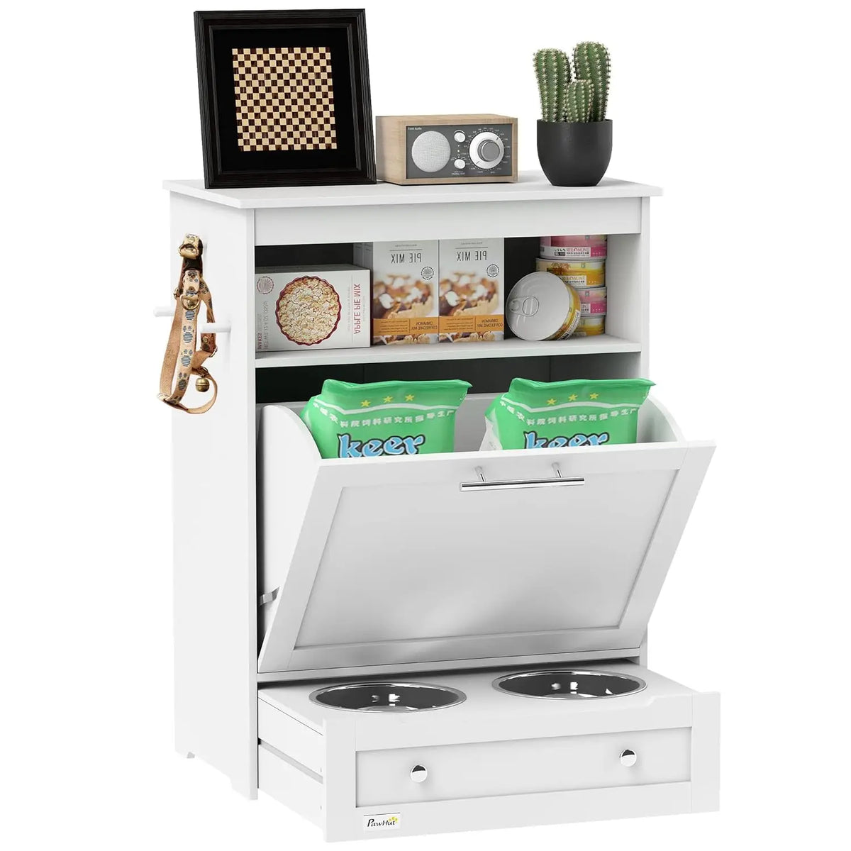 Dog Feeding Station With Raised Bowls And Storage Cabinet