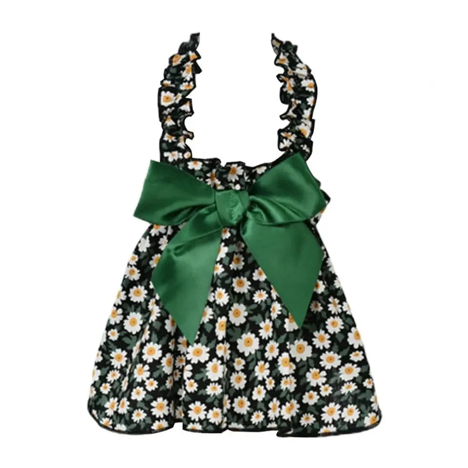 NONECN Cat Dog Dress Sleeveless Floral Princess Summer Wear