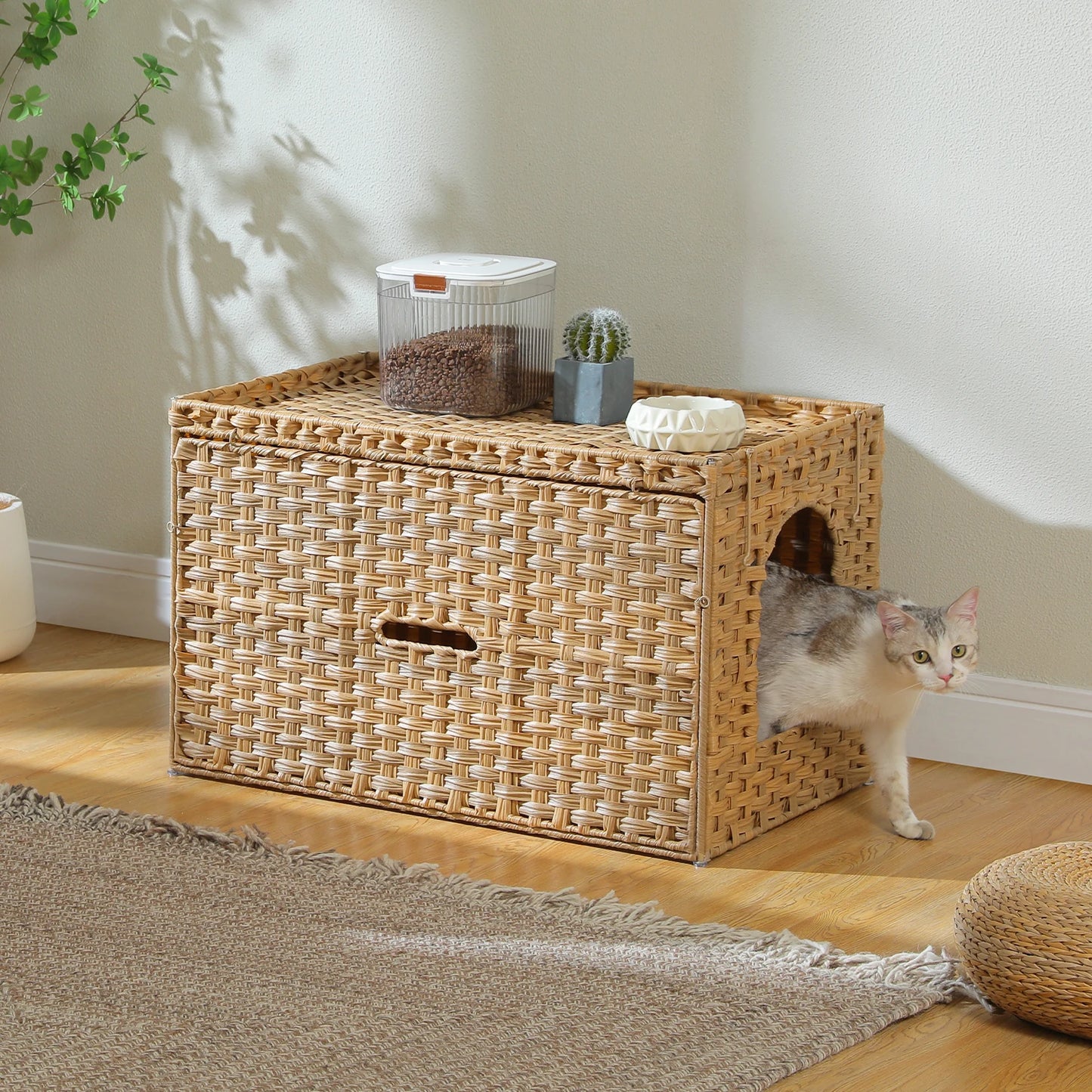 PEQULTICN Rattan Cat Litter Box Enclosure With Taller Doorway Flip Up