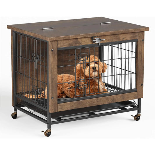 HiMISS Rustic Dog Crate Furniture With Wheels Wood And Metal