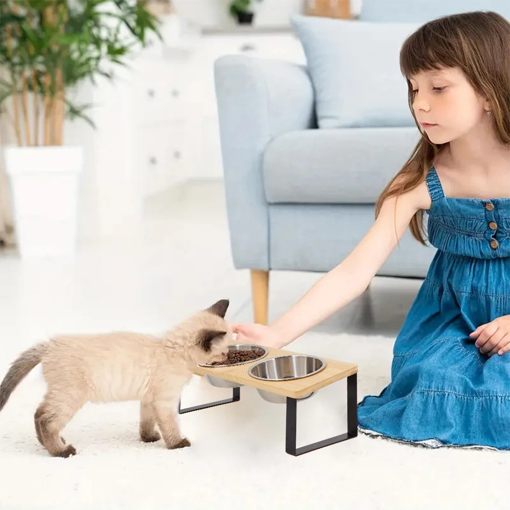 PETRAVEL Elevated Fifteen Degree Tilted Cat Bowls With Wooden Stand