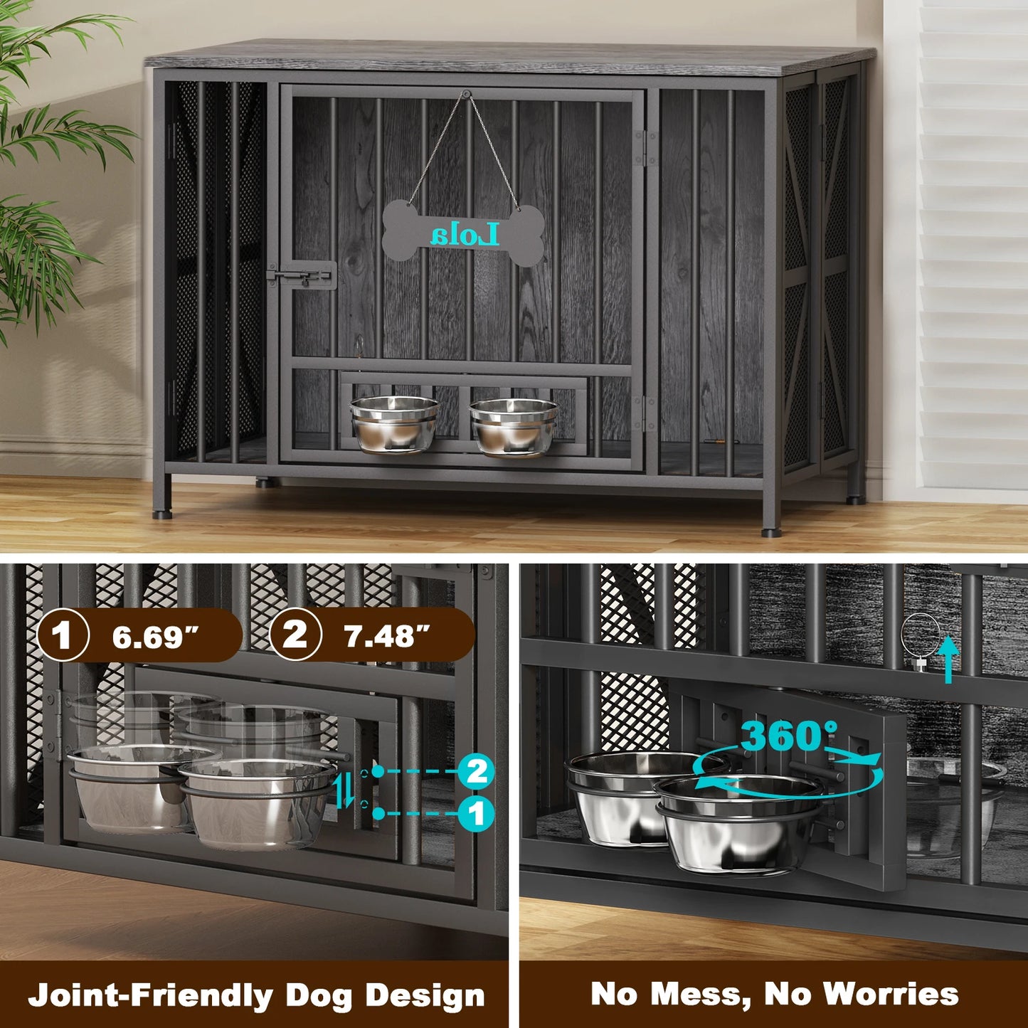 Foldable Wooden Dog Crate Furniture With Dog Tag And Bowls