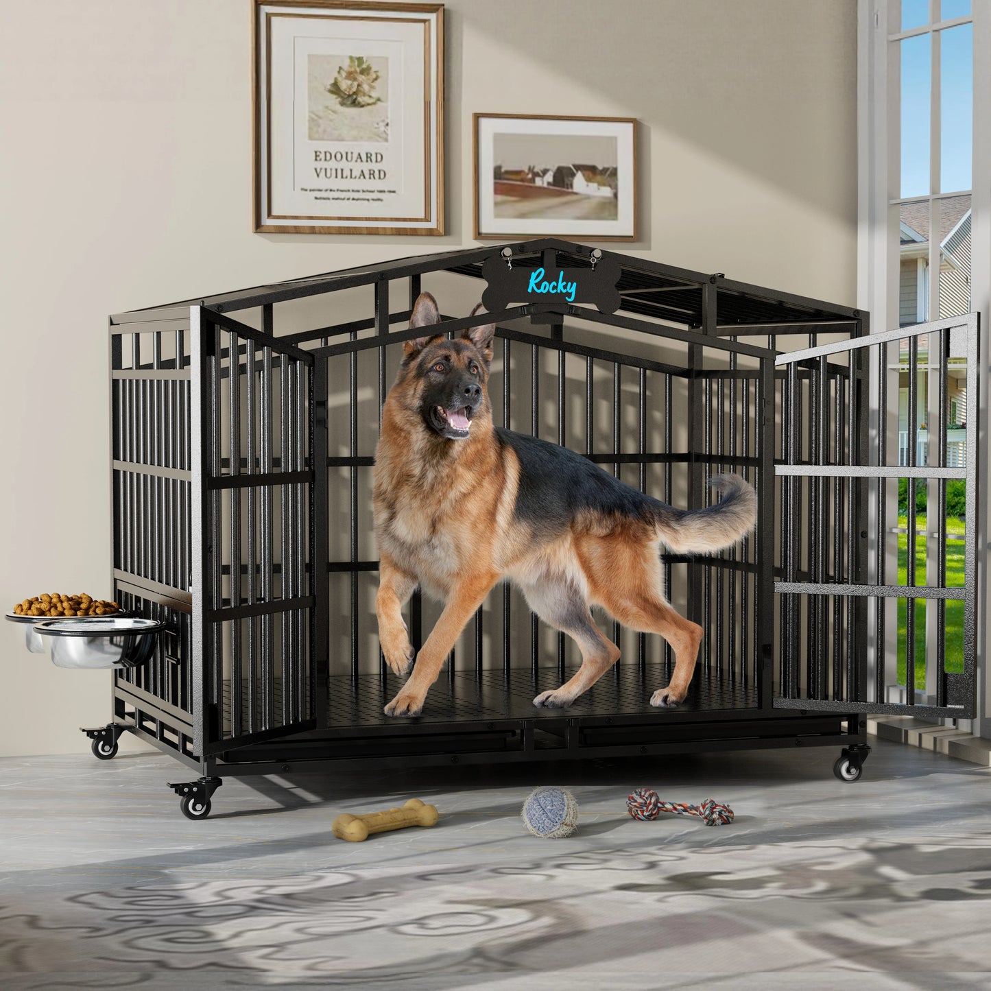 Heavy Duty Dog Crate With Lockable Wheels And Bowls