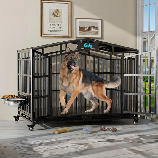 Heavy Duty Dog Crate With Lockable Wheels And Bowls