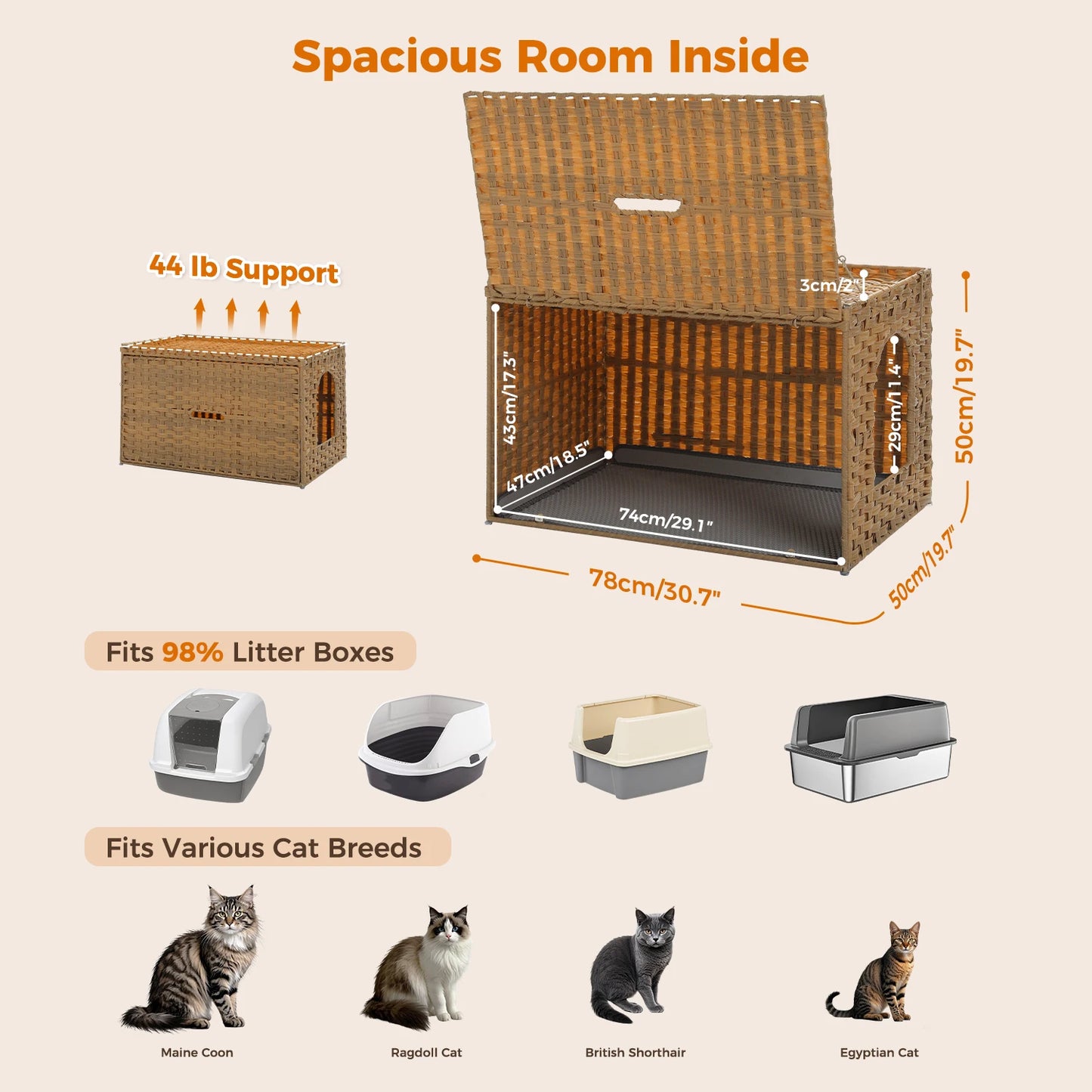 PEQULTICN Rattan Cat Litter Box Enclosure With Taller Doorway Flip Up