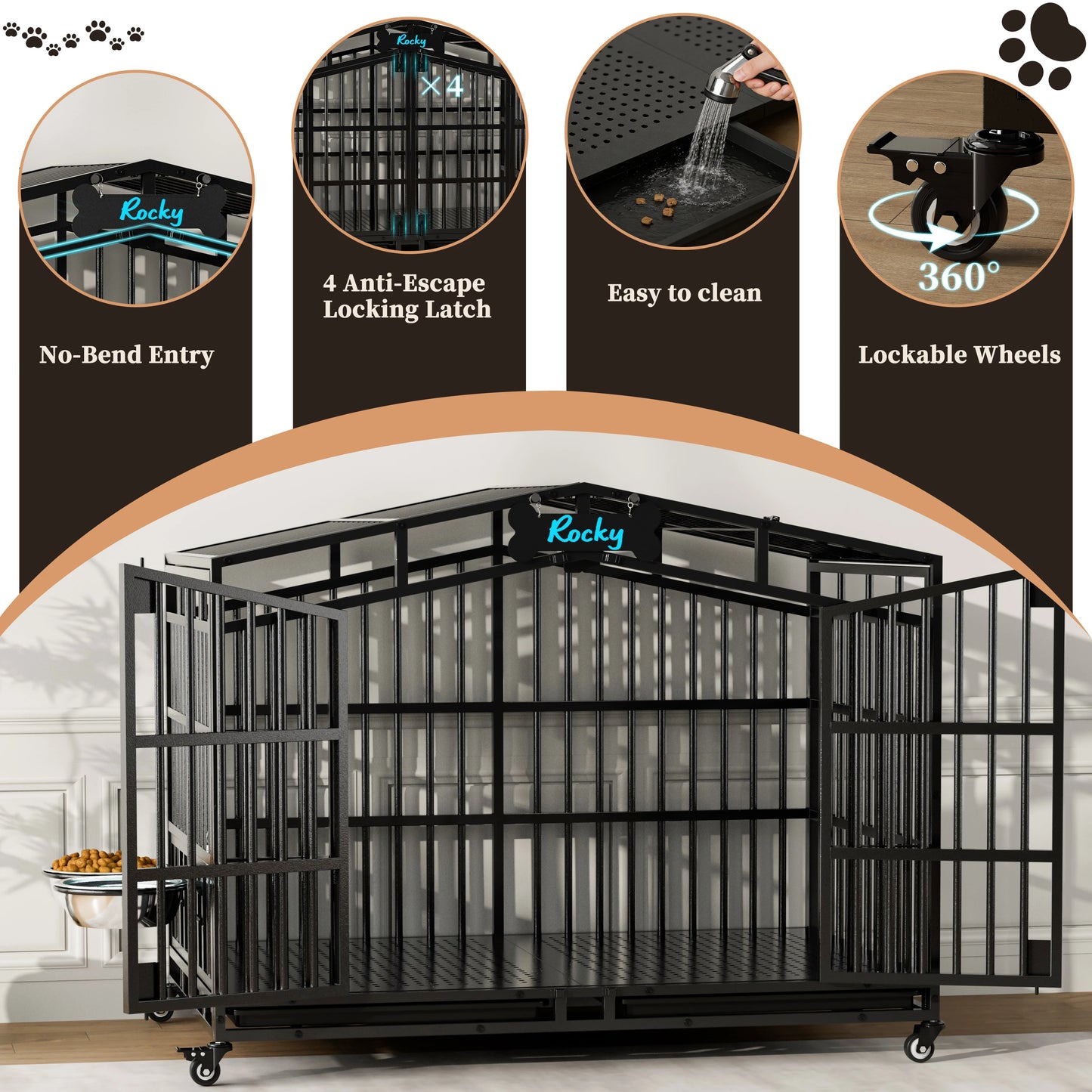 Heavy Duty Dog Crate With Lockable Wheels And Bowls