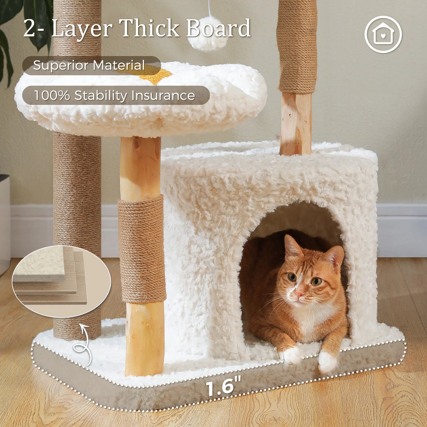 PEQULTI Solid Wood Cat Tree Tower With Condo And Perches