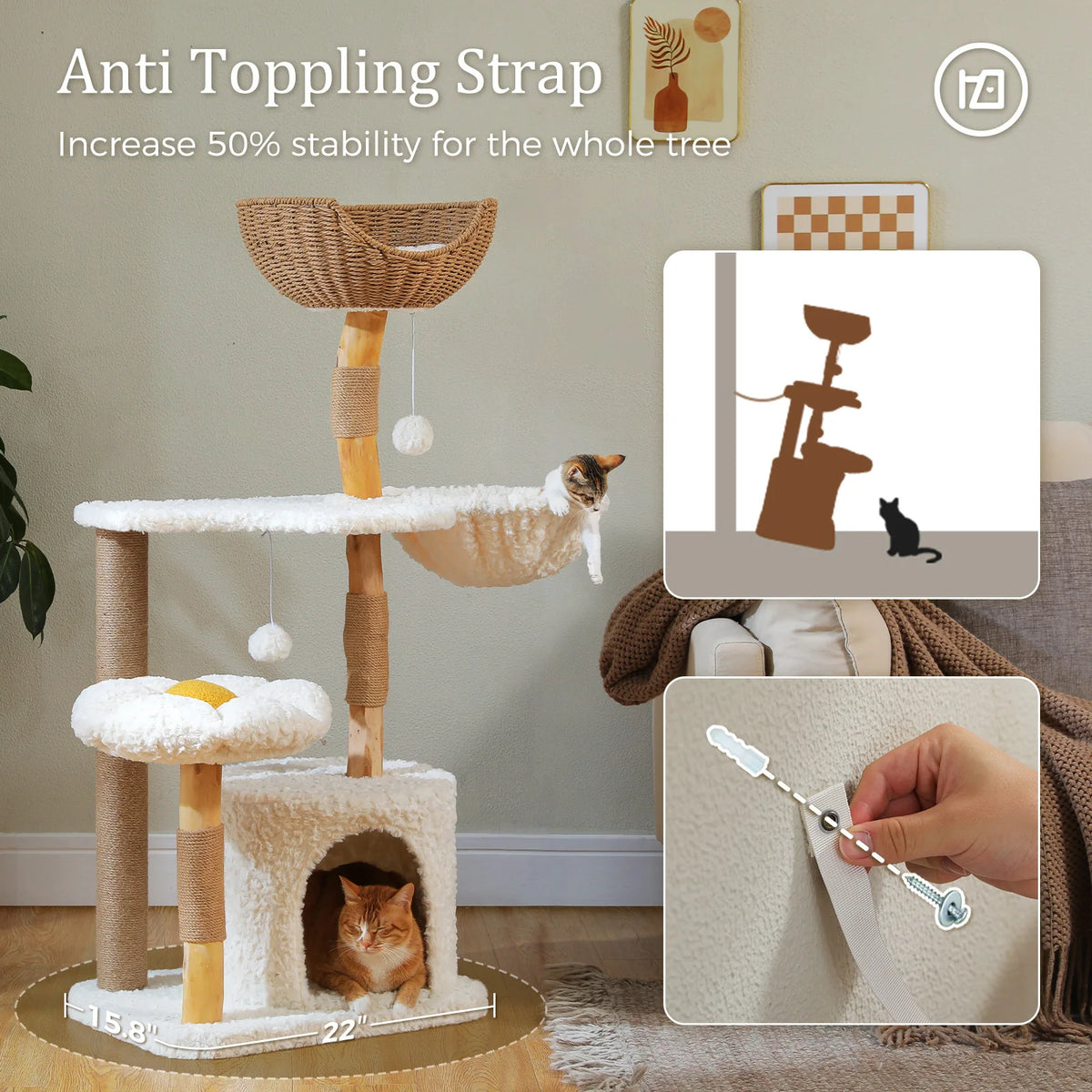 PEQULTI Solid Wood Cat Tree Tower With Condo And Perches