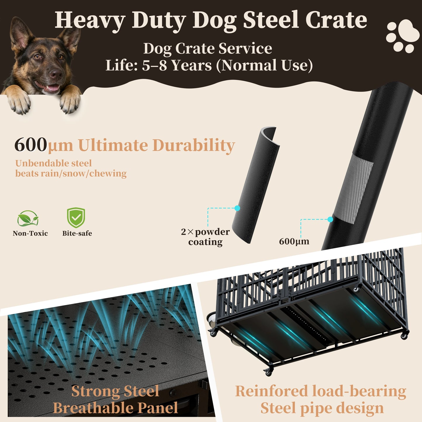 Heavy Duty Dog Crate With Lockable Wheels And Bowls