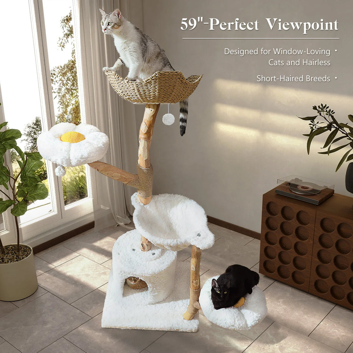 PEQULTI Solid Wood Cat Tree Tower With Condo And Perches