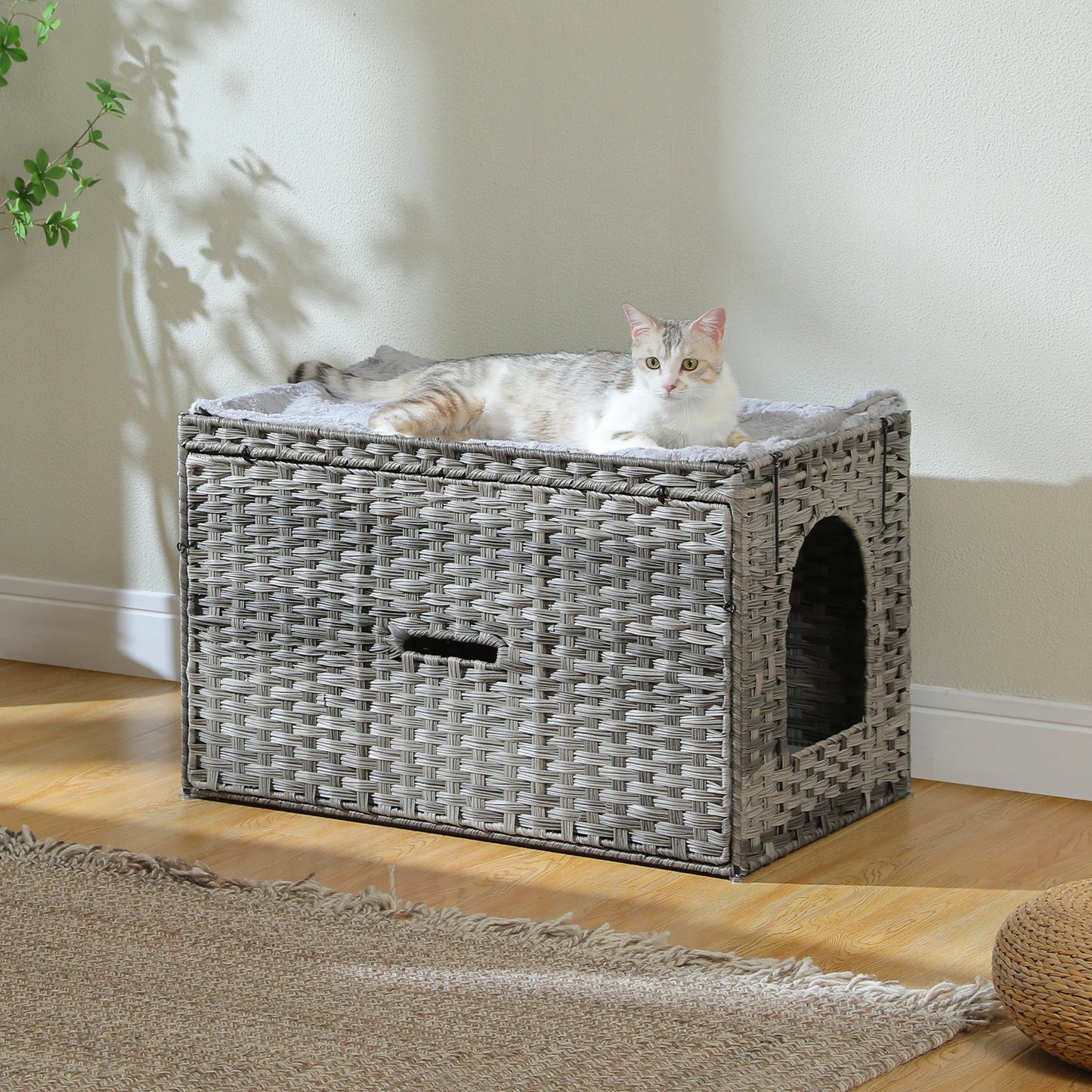 PEQULTICN Rattan Cat Litter Box Enclosure With Taller Doorway Flip Up