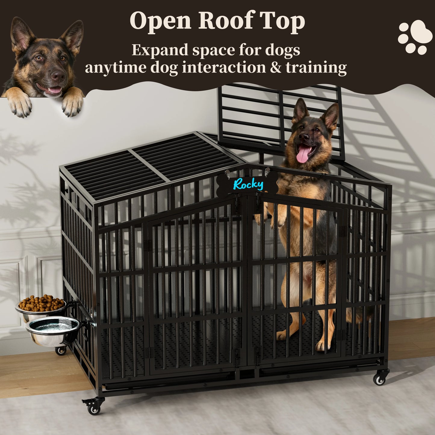 Heavy Duty Dog Crate With Lockable Wheels And Bowls