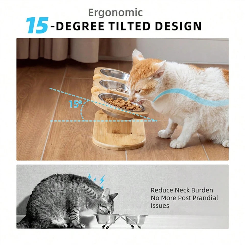 PETRAVEL Cat Feeder With 3 Tilted Raised Stainless Bowls