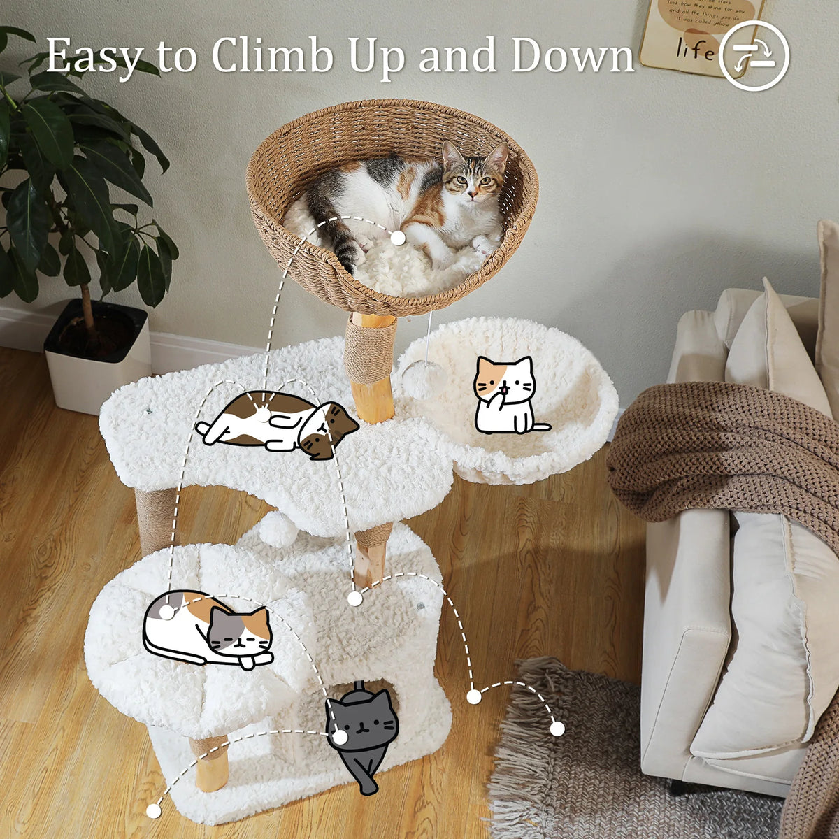 PEQULTI Solid Wood Cat Tree Tower With Condo And Perches