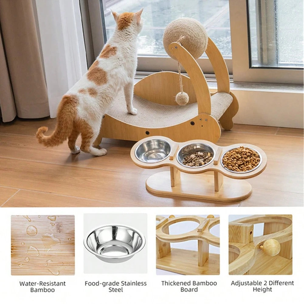 PETRAVEL Cat Feeder With 3 Tilted Raised Stainless Bowls