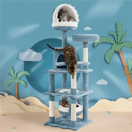 Ocean Themed Cat Tree Multilevel Tower With Condo And Hammock