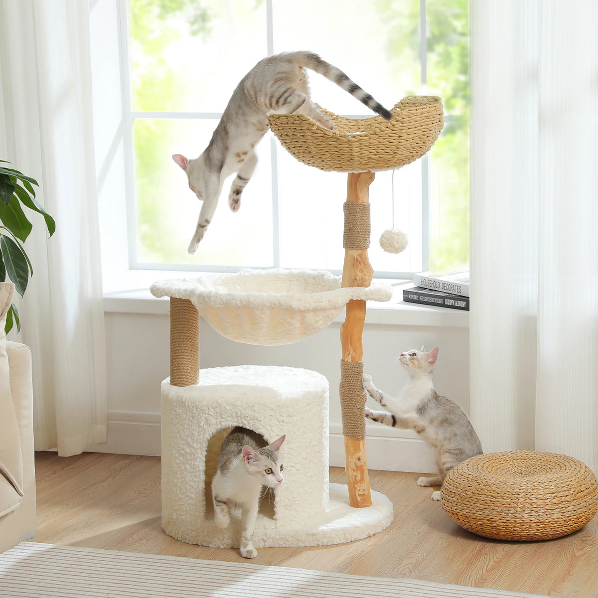 PEQULTI Solid Wood Cat Tree Tower With Condo And Perches