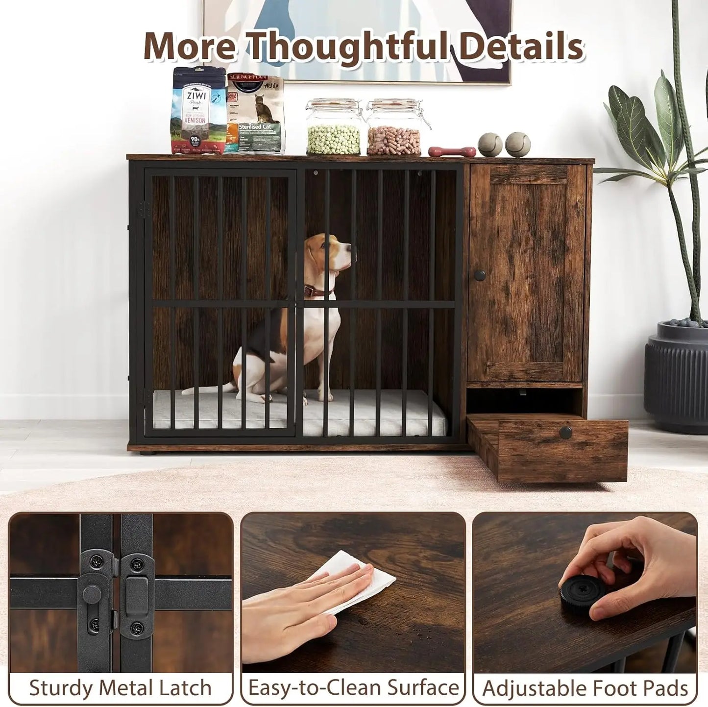 PETSITE Wooden Dog Crate Furniture Kennel With Hidden Bowls