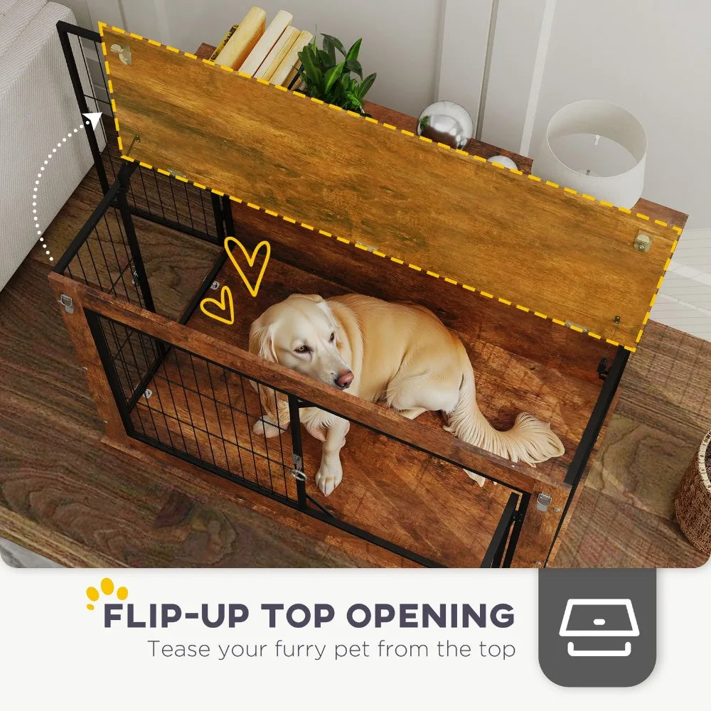 Dog Crate Furniture With Flip Up Top And Dual Doors