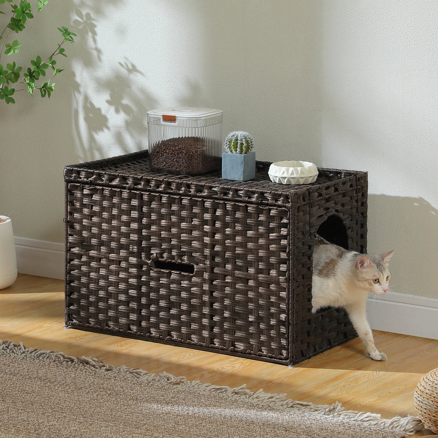 PEQULTICN Rattan Cat Litter Box Enclosure With Taller Doorway Flip Up