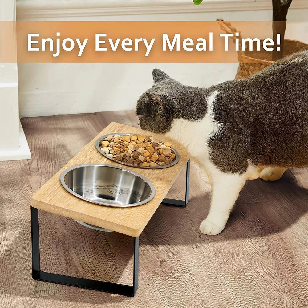 PETRAVEL Elevated Fifteen Degree Tilted Cat Bowls With Wooden Stand