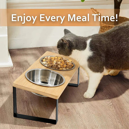 PETRAVEL Elevated Fifteen Degree Tilted Cat Bowls With Wooden Stand
