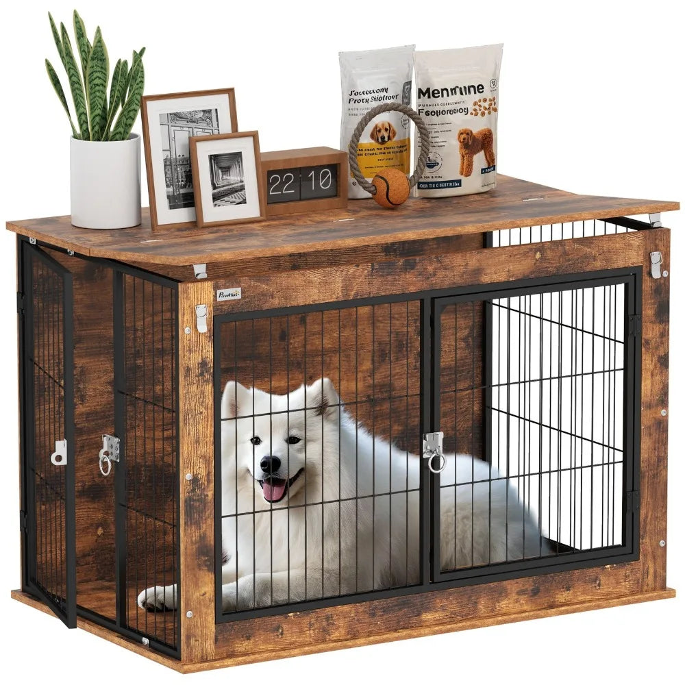 Dog Crate Furniture With Flip Up Top And Dual Doors