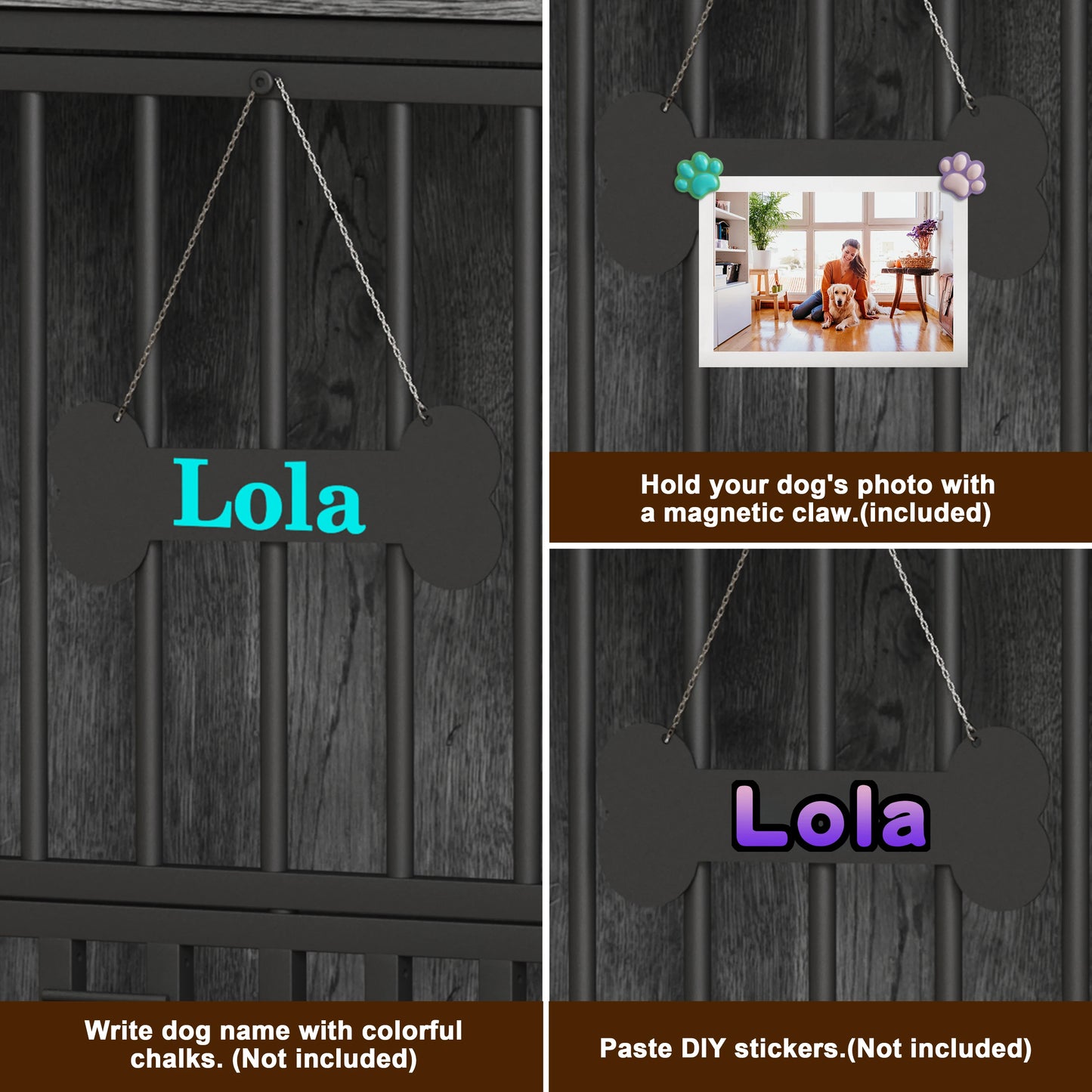 Foldable Wooden Dog Crate Furniture With Dog Tag And Bowls