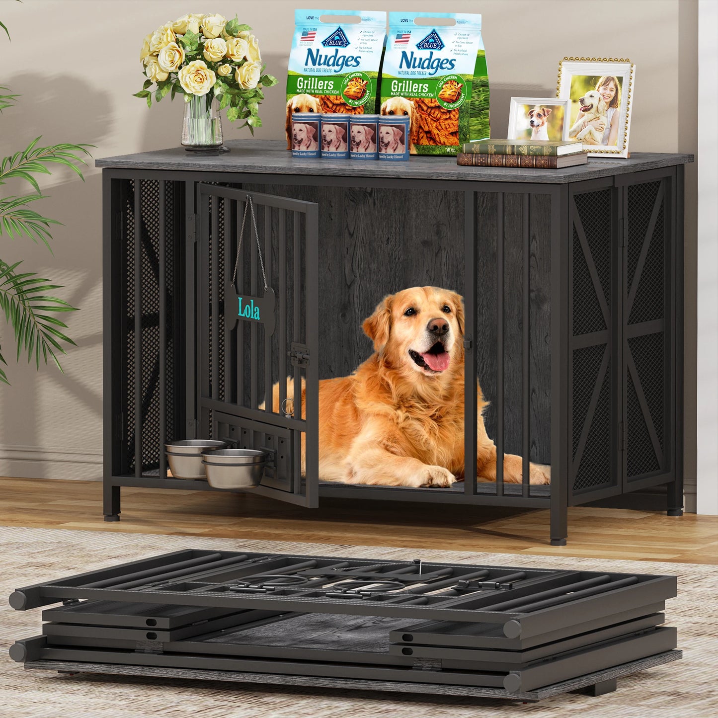 Foldable Wooden Dog Crate Furniture With Dog Tag And Bowls