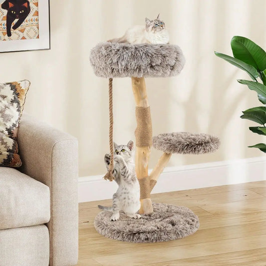 Cat Tree Three Tier Wood Cat Tower With Teasing Rope