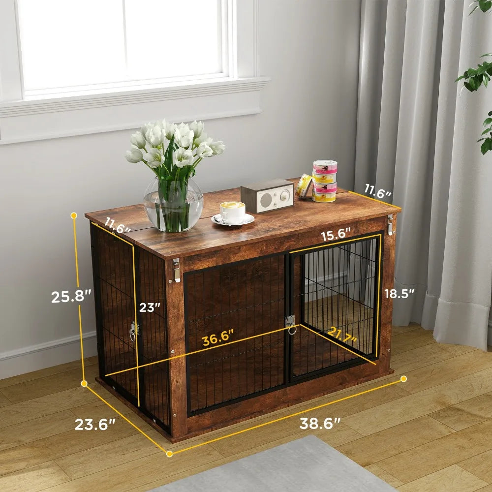 Dog Crate Furniture With Flip Up Top And Dual Doors