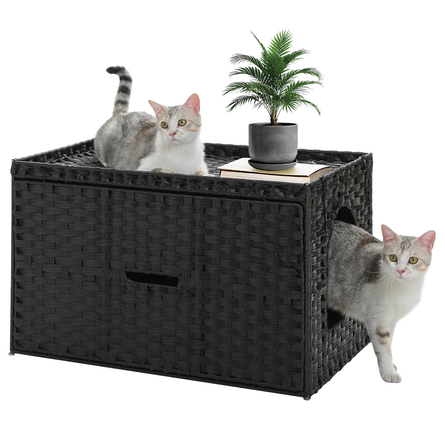 PEQULTICN Rattan Cat Litter Box Enclosure With Taller Doorway Flip Up