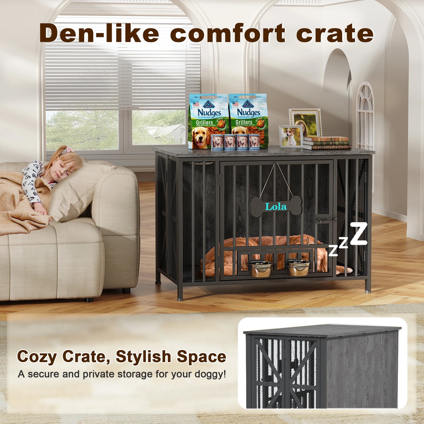 Foldable Wooden Dog Crate Furniture With Dog Tag And Bowls