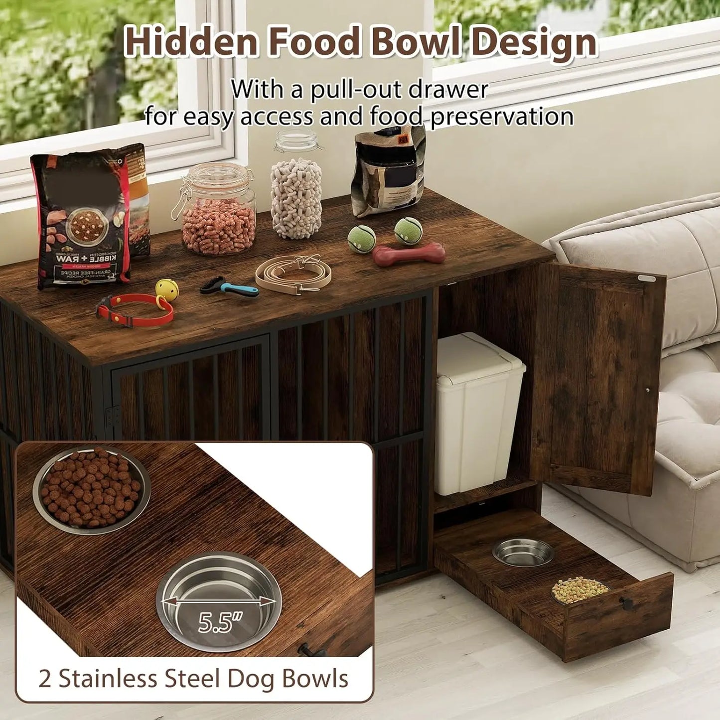 PETSITE Wooden Dog Crate Furniture Kennel With Hidden Bowls