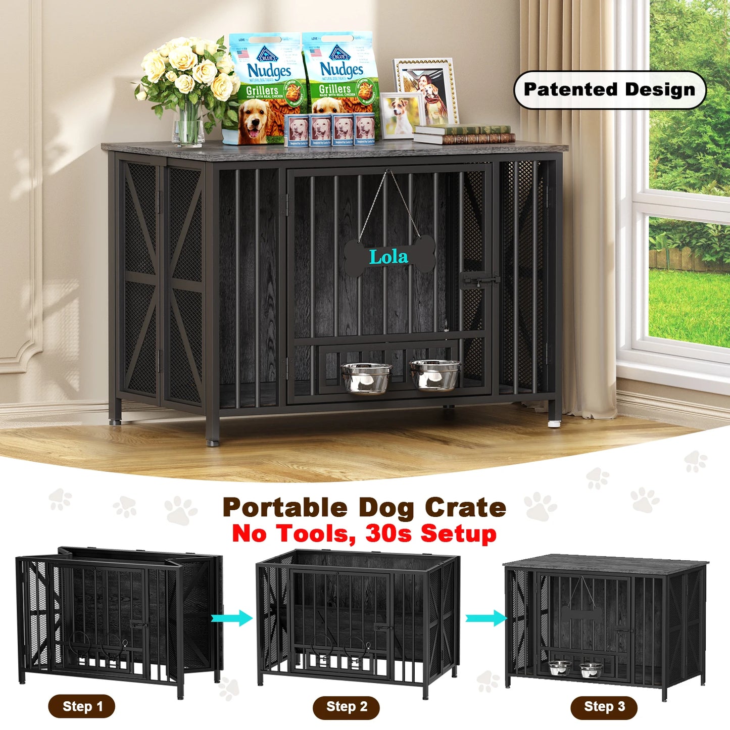 Foldable Wooden Dog Crate Furniture With Dog Tag And Bowls