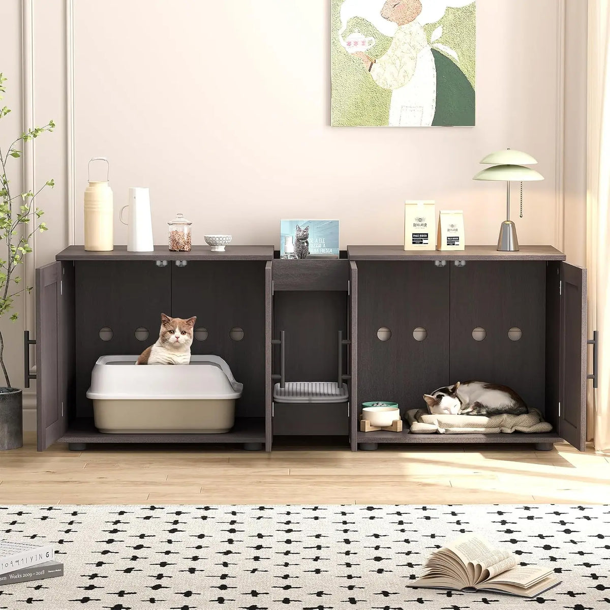 Wooden Cat Litter Box Cabinet With Door And Scratching Pad