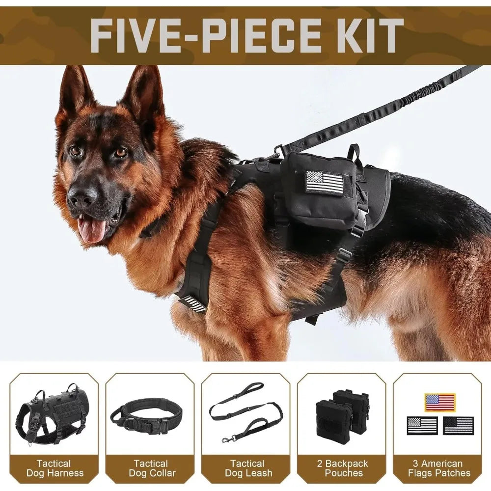 XMSJ Tactical Dog Harness And Collar With Bungee Leash